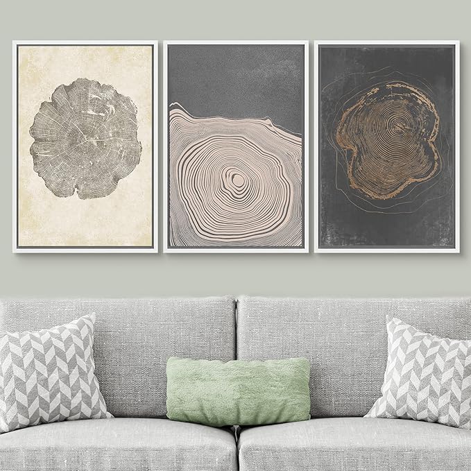 SIGNWIN Framed Canvas Print Wall Art Set Pastel Gray Wood Tree Ring Spirals Nature Abstract Drawings Modern Art Decorative Contemporary Minimal for Living Room, Bedroom, Office - 16"x24"x3 White