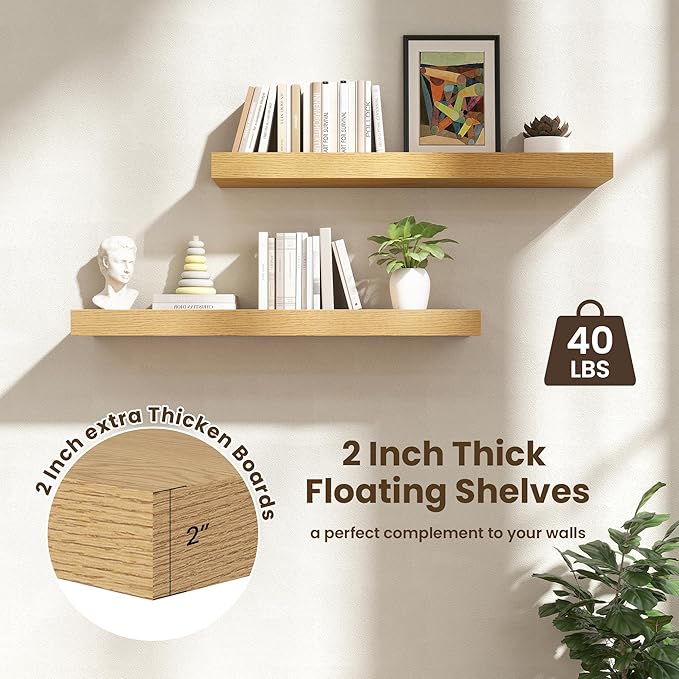 Deep Floating Shelves | 40 Inch Oak Floating Shelves Set of 2 | 12 Inch Deep Wood Wall Shelves | 40" W x 12" D Oak Shelves for Bathroom Living Room Kitchen Laundry Room