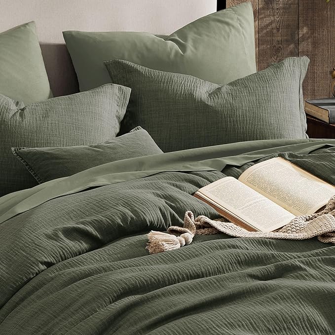 Geniospin Dark Olive Green Queen Comforter Set - 7 Pieces Comforter Queen Size, Solid Bedding Set for All Season, Textured Bed in a Bag with Sheets