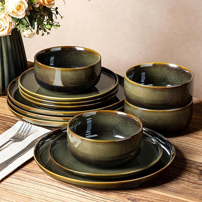 TheTerra Ceramic Dinnerware Sets, Handmade Reactive Glaze Plates and Bowls Set, Scratch Resistant Dish Set, Oven & Microwave & Dishwasher Safe, Sets for 4, Olive Green