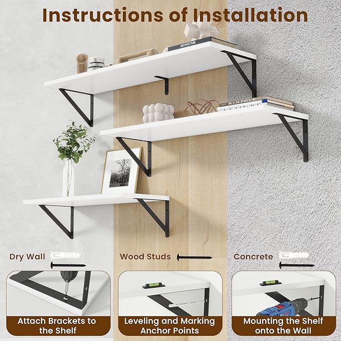 Floating Shelves with Black Metal Brackets Set of 2,30" Wx8 D Wall Mounted Shelves Floating Bookshelf,Hanging Storage Shelf for Living Room,Bedroom,Bathroom,Office,White