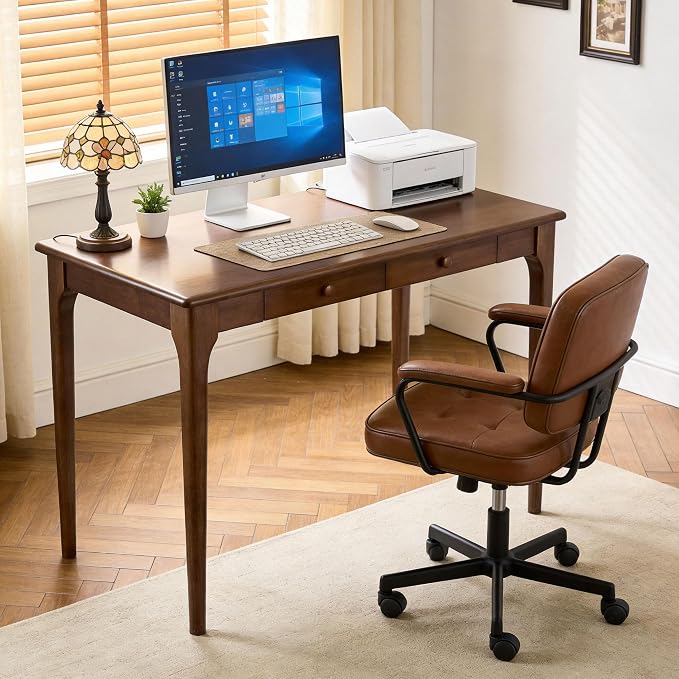 40" Walnut Solid Wood Desk with Drawers,Mid Century Modern Natural Real Wood Writing Desk,Home Bedroom Small Spaces Computer Office Workstation Desks