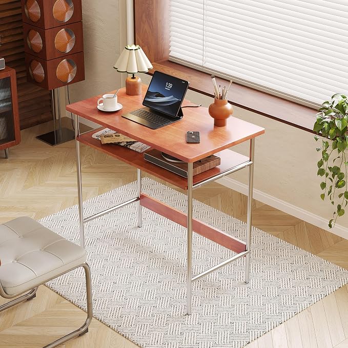 100% Solid Wood Desk, 31.5" Writing Computer Desk for Small Spaces, Vintage Home Office Desks, Mid Century Modern Desks with Thickened Stainless Steel Legs for Study, Makeup & Workstation (Cherry)