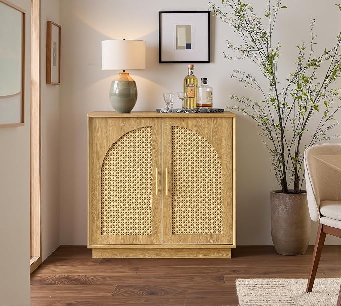 FORTUNETEC Sideboard Buffet Cabinet with Storage Set of 2, Modern Accent Cabinet with Rattan Arched Doors, Modular Media Console, Boho Credenza for Living Room Kitchen Dining Room Entryway, Oak