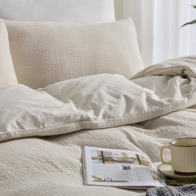 Simple&Opulence Linen Muslin Duvet Cover Set Twin Size, 3Pcs Grey Linen Cotton 3-Layer Gauze Minimalist Comforter Cover 68”x86”, Ultra Soft Breathable Seersucker Bedding Set with 1 Pillowcase