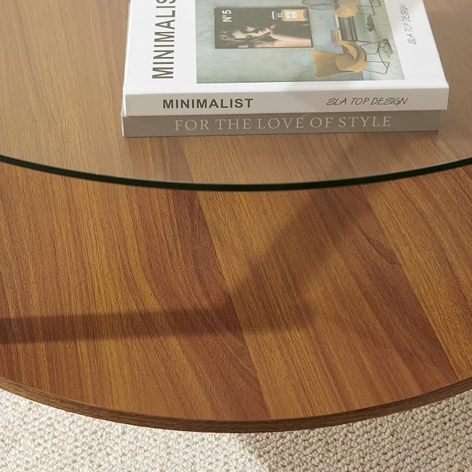 Round Coffee Table, Mid-Century Modern Design, D30*H17 inch, for Living Room, 2-Tier Structure, Clear Glass Top and Walnut MDF Shelf, Sleek Conical Metal Legs with Gold Finish