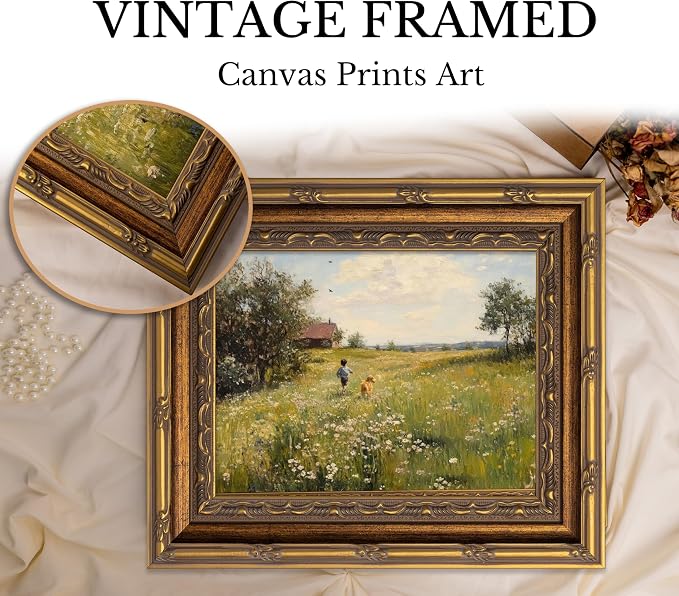 Vintage Gold Framed Wall Art Dog and Boy Landscape Painting Canvas Prints Retro Country Farmhouse Prints Artwork Rustic Wildflower Meadow Wall Decor for Kids Bedroom Living Room Decor12x16in