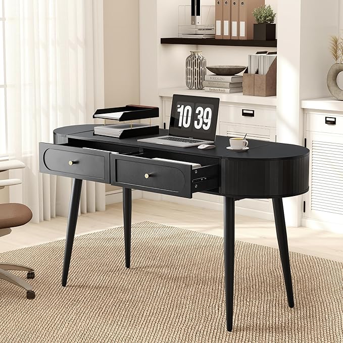 Practical 59" Wood Writing Desk, Home Office Laptop Desk with 2 Flip Hide Storage + 2 Drawer, MCM Elegant Fluted Multifunctional Study Desk for Apartment Bedroom (Black)