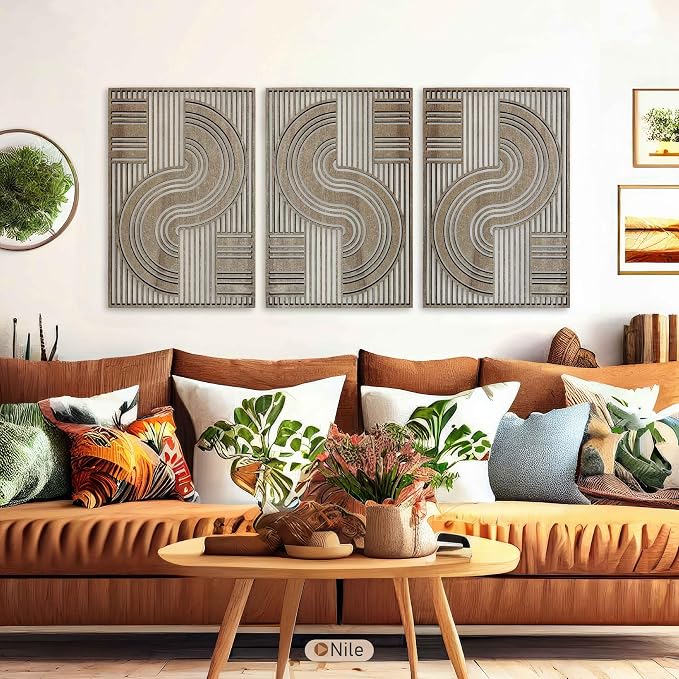 Boho Lines Wood Wall Art Set of 3, Mid Century Modern Geometric Balance Wooden Decor, Extra Large Abstarct Wall Panels, New Home Accent for Living Room and Bedroom