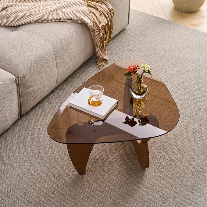 43.3'' Modern Brown Glass Coffee Table with Geometry Base, Irregular Shape Coffee Table for Living Room Office, Brown Finish Wood Base, Mid-Century Style Cocktail Center Table for Small Space