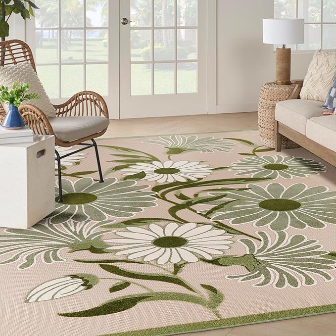 Nourison Home Aloha Ivory Green 9' x 12' Area Rug - Easy Clean, Non Shedding, Bed Room, Living Room, Dining Room, Kitchen (9' x 12')