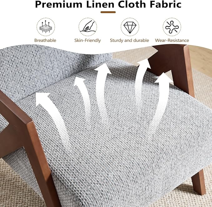Bonzy Home Mid-Century Modern Accent Chair with Solid Wood Frame, Upholstered Armchair for Bedroom & Living Room,Reading Side Chair with Soft Lien Fabric Cushion,Easy Assembly
