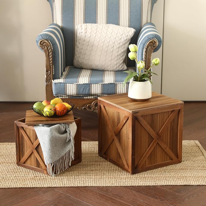 COLLECTIVE HOME - Wood Storage Ottoman, Rustic Storage Stool, 2 Pack Cube Seat Foot Rest Stool, Accent Side Table, Metal Storage Bin for Living Room Furniture, 16"/12" (Wood, barn Door)