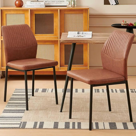 Dining Chairs Set of 2, Brown PU Leather Dining Chairs, Comfortable Upholstered Armless Kitchen Chairs with Black Metal Legs for Living Room, Dining Room, Kitchen