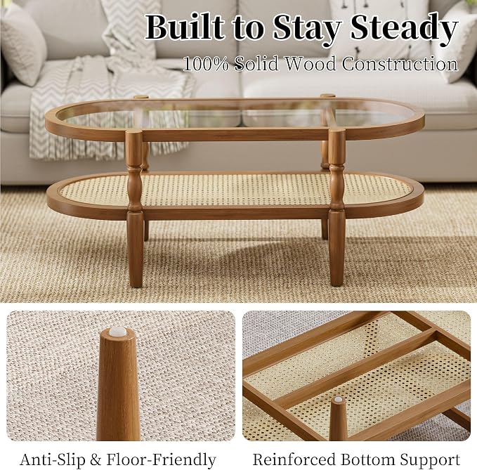 Rattan Coffee Table, Oval Cocktail Table with Glass Top and Solid Wood Frame, Boho Indoor & Outdoor Coffee Table, Brown, 48 in
