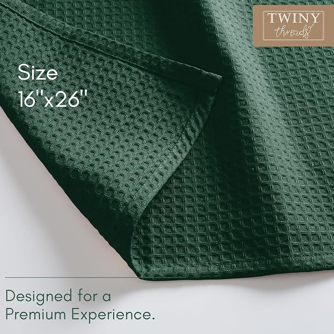 TWINY threads Waffle Weave Kitchen Towel Set of 12, 16x26 Inches, Premium 100% Cotton Dishcloths with Hanging Loop, Absorbent, Quick Drying Cloths for Drying Dishes, Washable, Reusable, Forest Green