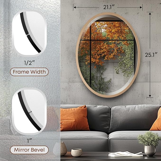 OVALCREST - Oval Wooden Beveled Wall Mirror for Home Decor, Bathroom, Vanity, Bedroom, Living Room, Hallway - London Style (Gold Spray) 25.1 x 21.1