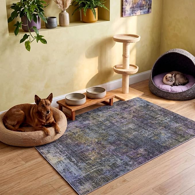 Kokia Abstract Area Rug Black Purple Washable 2x3 Non-Slip Stain Resistant Entryway Rug Soft Indoor Mat for Kitchen Door Decor, Violet and Slate Blue