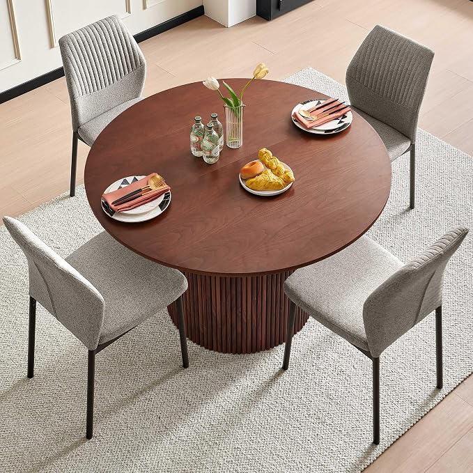 Dining Table Set for 4, 47" Wooden Round Kitchen Table with Linen Fabric Chairs for Kitchen Room and Small Spaces(Walnut Table + 4 Light Brown Chairs)