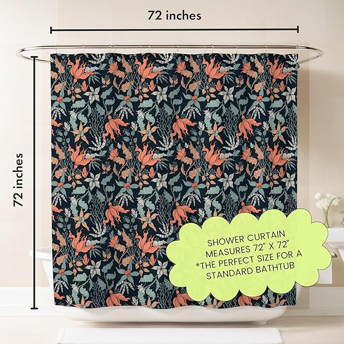 Dark Coral Floral Print Shower Curtain - Moody Modern Black Flowers Pattern - Modern Home Decor - Vintage Botanical Style Cool Fabric Shower Curtain For Any Bathroom - 72x72 Inches (Dark Floral)
