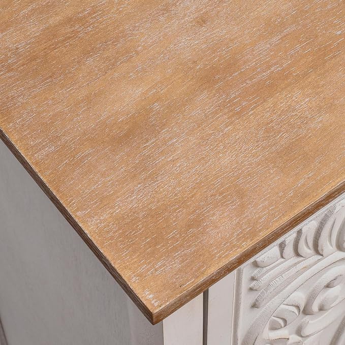 eHemco Ornate Floral Carved End Table with Storage, 18 x 14 x 30.5 Inches, Retro Style Living Room Furniture, Natural and White