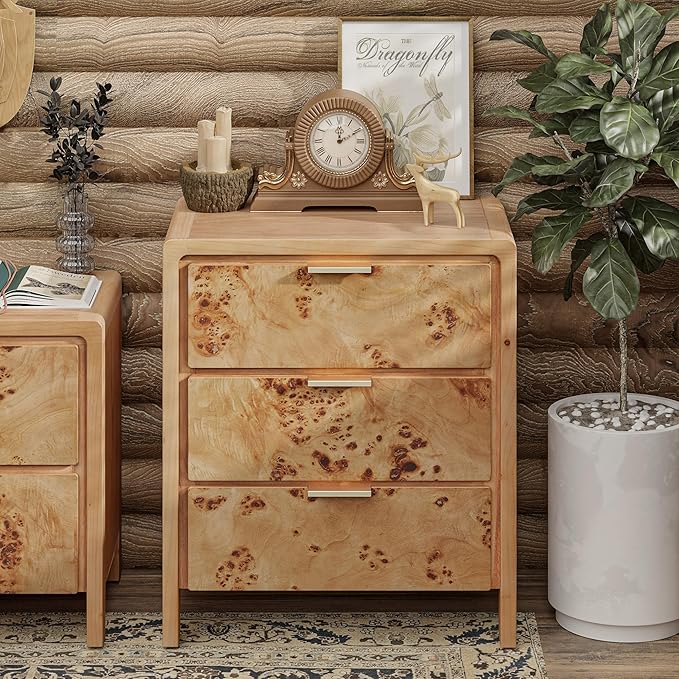 COZAYH Set of 2 Burl Finish 3 Drawer Nightstand, Wood Rustic Farmhouse Dresser, Vintage Accent Storage Bedside Table for Bedroom Entryway, Fully Assembled, Natural