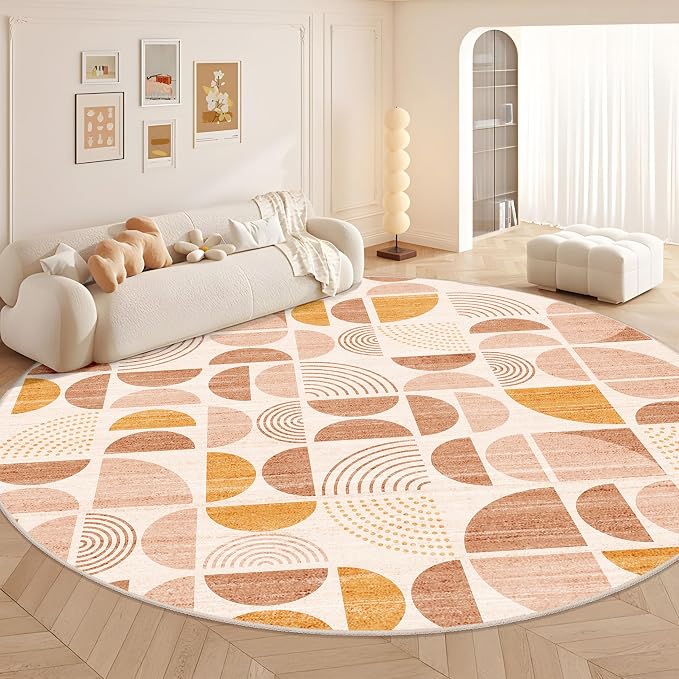 MUJOO Round Rugs 9ft,Circle Area Rug Washable,Circular Rugs for Living Room Dining Room,Large Boho Non Slip Throw Floor Carpet Modern Abstract Bohemian Orange