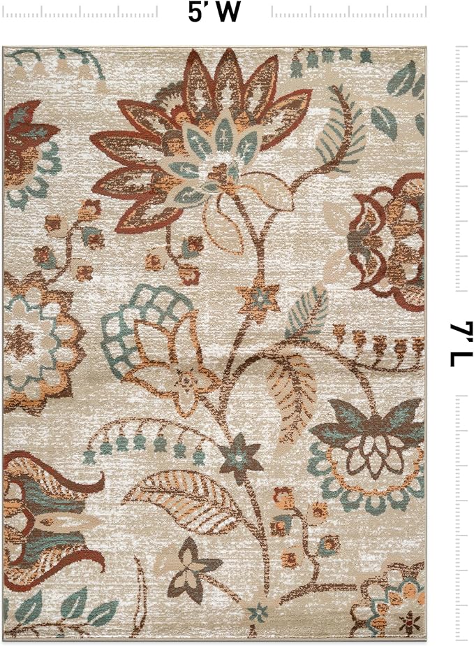 Rugshop Beige Floral Area Rug 5x7- Vintage Botanical Indoor Carpet for Living Room, Bedroom, or Dining Room – Non-Shedding, Soft Low-Pile Traditional Rug 5' x 7'