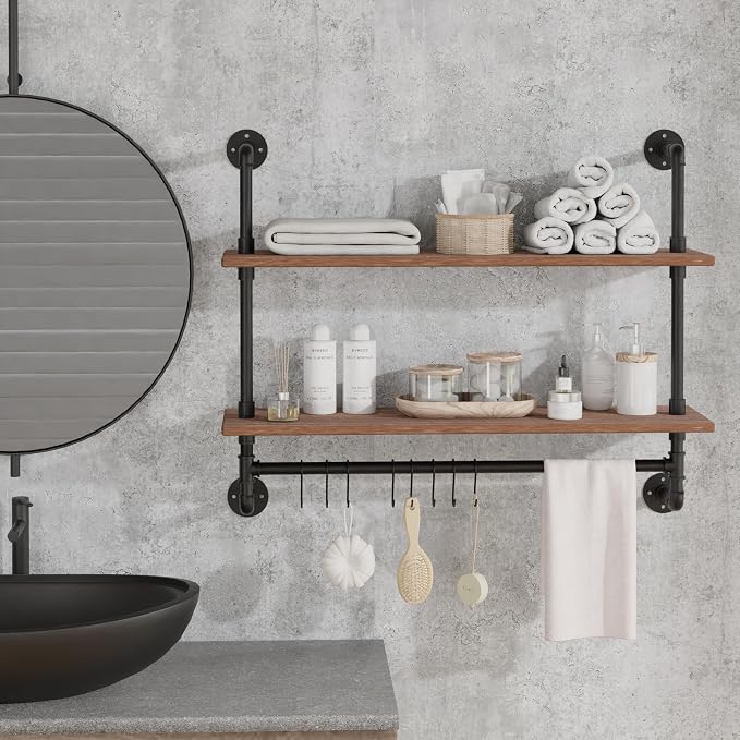 ROGMARS Industrial Pipe Shelving Bathroom Shelves with Towel bar, 30 in Rustic Floating Shelves Pipe Wall Shelf with Hooks for Living Room,Kitchen