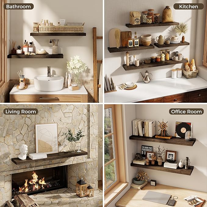 40 Inch Floating Shelves for Wall, 8"D High End Solid Hardwood Shelves for Decor Storage, Rustic Wall Shelves with Invisible Heavy Duty Brackets for Living Room, Kitchen, Bathroom, Walnut, 2 Pack