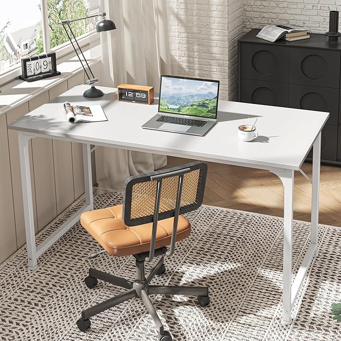 Huuger Computer Desk, 48 Inch Office Desk, Gaming Desk with Storage, Writing Desk Work Desk for Home Office, Study, Modern Simple Desk, Large Legroom, Metal Frame, White