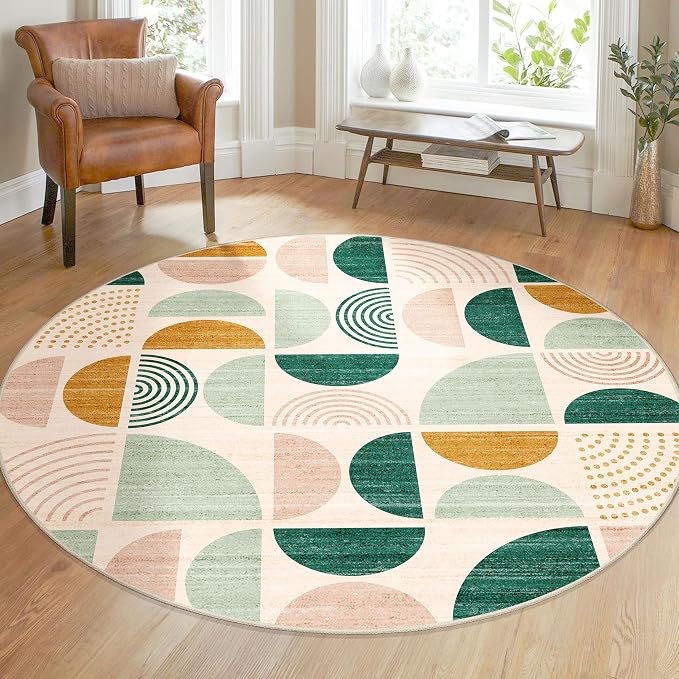 MUJOO Round Rugs 5ft,Circle Area Rug Washable,Circular Rugs for Living Room Dining Room,Boho Non Slip Throw Floor Carpet Modern Abstract Sage Green