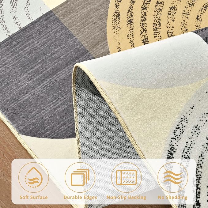 Merelax 6x9 Geometric Rugs for Living Room - Washable Non-Slip Large Bedroom Rug, Indoor Floor Carpet Low Pile Soft Area Rug for Dining Room, Mudroom, Modern Aesthetic Geometric Decor, Light Tan