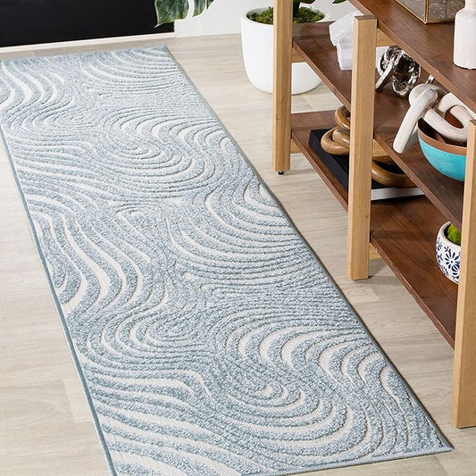 JONATHAN Y Maribo High-Low Abstract Striped Light Blue/Ivory 2x10 Indoor/Outdoor Runner Rug, Pet Friendly, Non-Shedding, Stain Resistant, Easy-Cleaning for Backyard (SCN103C-210)