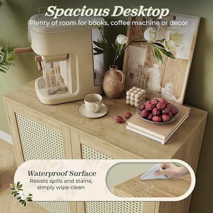 Huuger Buffet Cabinets with Storage, Set of 2, Storage Cabinets with Synthetic Rattan Doors, Accent Cabinet with Solid Wood Feet, Sideboard Cabinet for Hallway, Entry, Living Room, Natural
