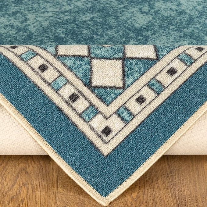 Antep Rugs Alfombras Modern Bordered 4x6 Non-Skid (Non-Slip) Low Profile Pile Rubber Backing Indoor Area Rugs (Blue, 4' x 5'8")