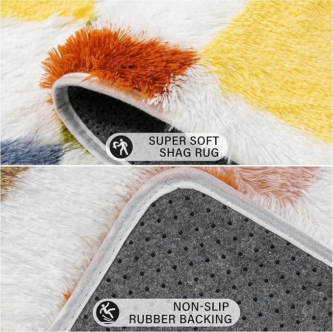 Checkered Rug 8x10 for Living Room, Colorful Modern Shag Rug Washable Non-Slip Large Area Rug Super Soft Indoor Fuzzy Carpet Fluffy Rugs for Bedroom Home Aesthetic Decor