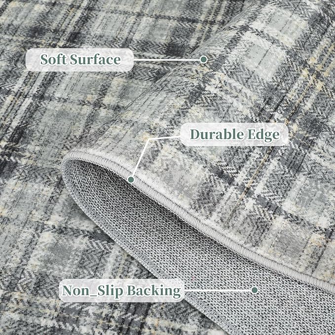 Tartan Plaid Washable Runner Rug 2.5x12 Runner Modern Kitchen Runner Non Slip Entryway Rug Soft Bathroom Rugs Stain Resistant Carpet for Laundry Bedroom Greyish Green