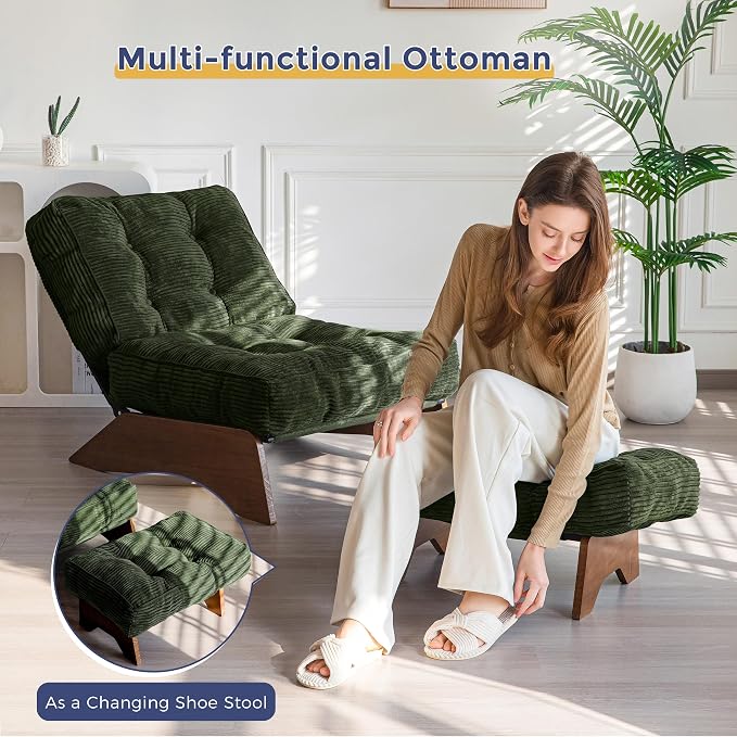 MAXYOYO Accent Chair with Ottoman Adjustable Backrest, Tufted Living Room Chair Upholstered Lounge Chair with Footrest Set, Modern Chair Cozy Reclining Chair for Reading Room, Green
