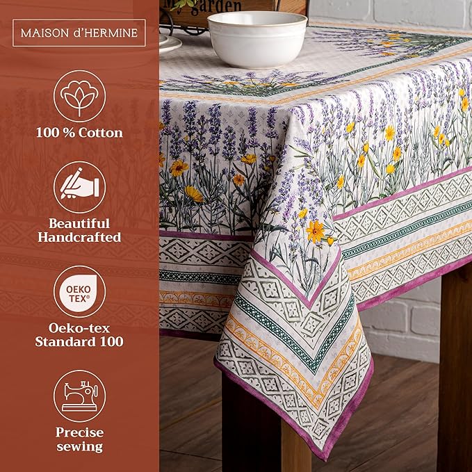 Maison d' Hermine Table Cloth Square Table 100% Cotton 60 x 60 Inches Tablecloth Reusable Decorative for Dining Room Farmhouse Home Valentines Day Decorations Spring Summer - Fanny Lavender