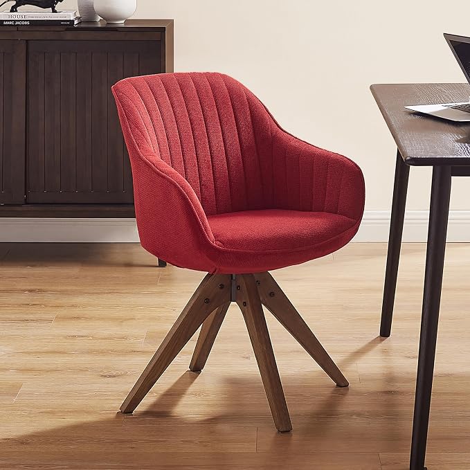 Art Leon Desk Chair No Wheels - Mid Century Modern Office Chair, Swivel Accent Chair with Oak Wood Legs, Fabric Upholstered Arm Chair, Red