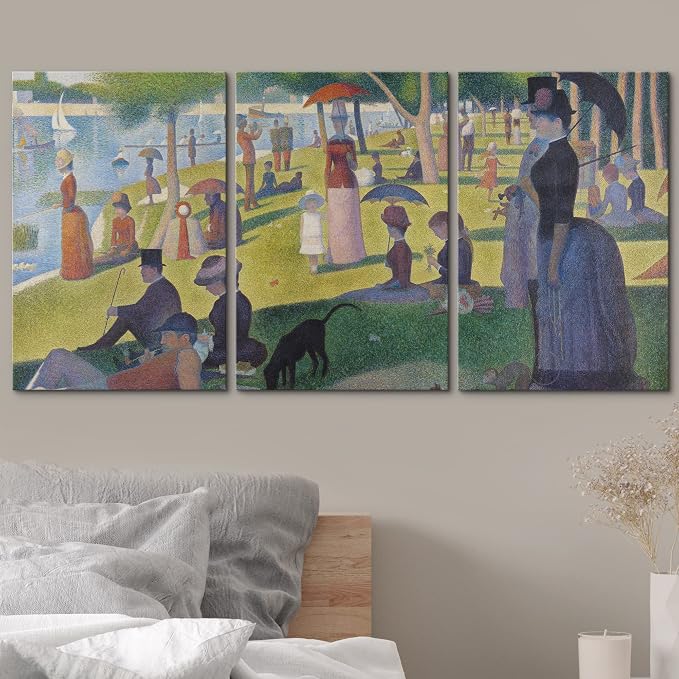 wall26 Canvas Print Wall Art Set La Grande Jatte by Georges Seurat Cultural Historic Oil Painting Fine Art Reproduction Scenic Colorful for Living Room, Bedroom, Office - 16"x24" x 3 Panels