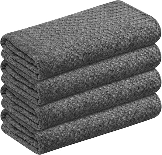 Gray Waffle Kitchen Dish Towels, 100% Cotton, Quick Dry, Super Absorbent, Soft, 16x26 Inches - Ideal for Dish Drying, Bar, Tea, Cleaning, and Everyday Use, 4 Pack, Grey