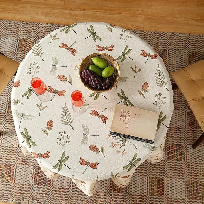 ISAENNE Designer Floral Linen Small Round Tablecloth,French Off White Elegant Table Cloth,Washable Home Decor Tablecloths for Dining Thanksgiving Kitchen Christmas Party,Diameter 55"-Grace B