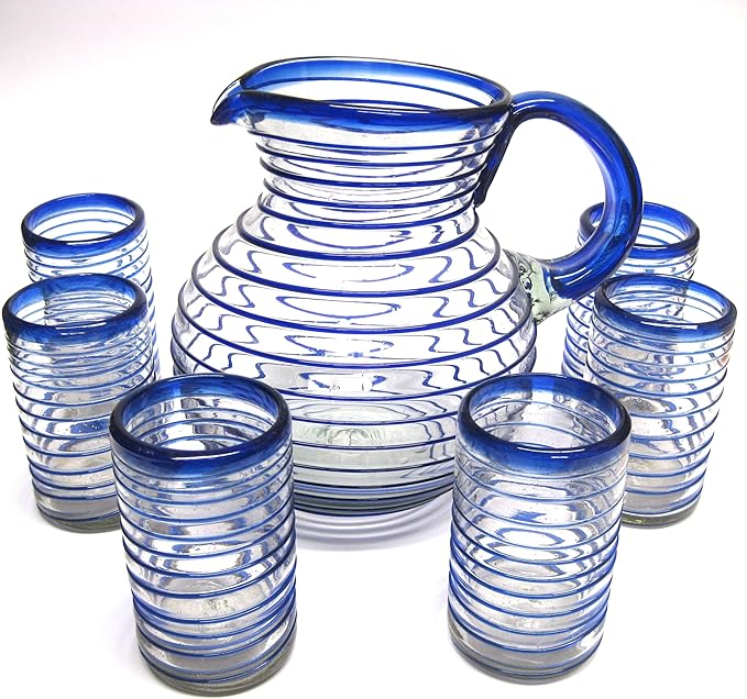 Cobalt Blue Spiral 120 oz Pitcher and 6 Drinking Glasses set, Recycled Glass, Lead-free, Toxin-Free (Pitcher & Glasses)