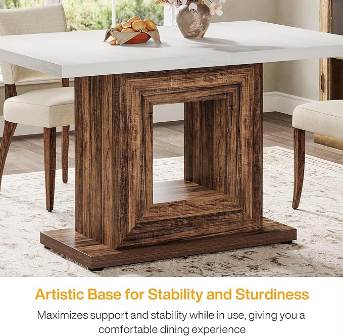 Tribesigns 47-Inch Farmhouse Dining Table for 4, White Kitchen Dinner Table with Heavy Duty Pedestal, Rustic Wooden Eating Table for Home, Dining Room, Small Space, White & Brown