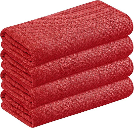 Red Waffle Kitchen Towels, 100% Cotton, Quick Dry, Super Absorbent, Soft, Lint-Free, 16x26 Inches, with Hanging Loop - Ideal for Dish Drying, Bar, Tea, Cleaning & Everyday Use, 4 Pack