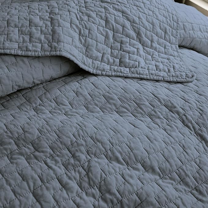 palassio Blue Grey 100% Cotton Quilt Queen Size Bedding Sets with 2 Pillow Shams, Textured Lightweight Soft Bedspread Shabby Chic Coverlet, Quilted Comforter Bed Cover for All Season, 3 Pieces