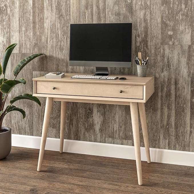 Camaflexi Mid-Century Modern Writing Desk / 35.83" W/Study Writing Table/Solid and Manufactured Wood/Natural Variations of Wood Grains/One Drawer/Partial Assembly, Light Oak