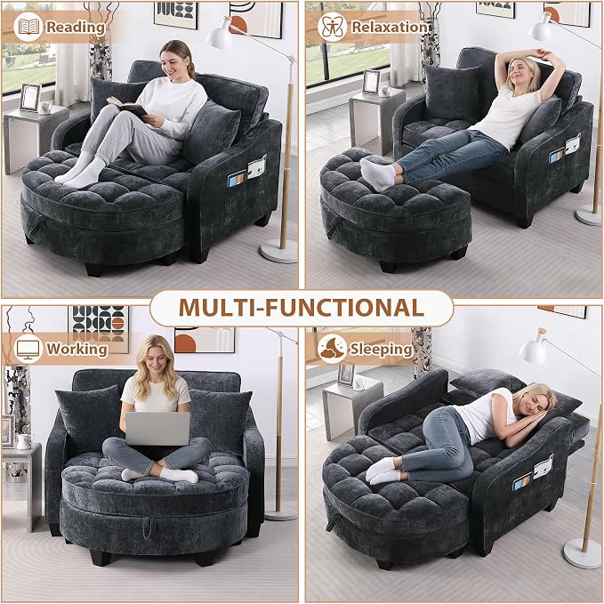 Oversized Curved Chaise Lounge Chair Indoor with Ottoman, 54.8" Cloud Boneless Reading Chair Soft Chenille Circle Couch w/Adjustable Backrest for Living Room, Apartroom, Bedroom, Black